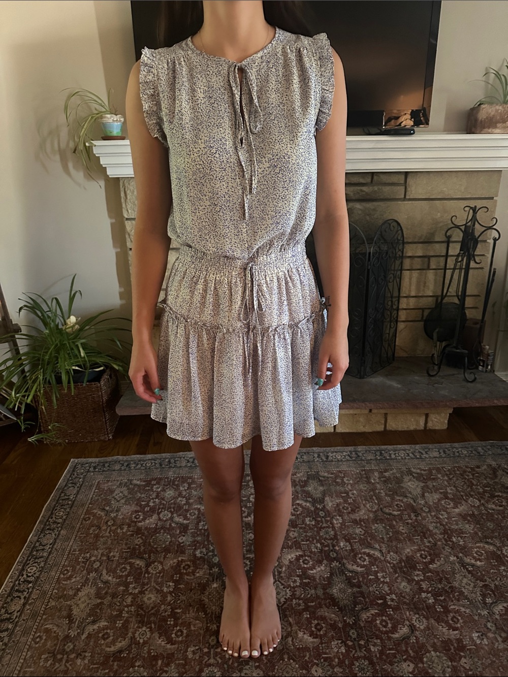 Pinch Light Blue Floral Ruffle Sleeve Tiered Mini Dress